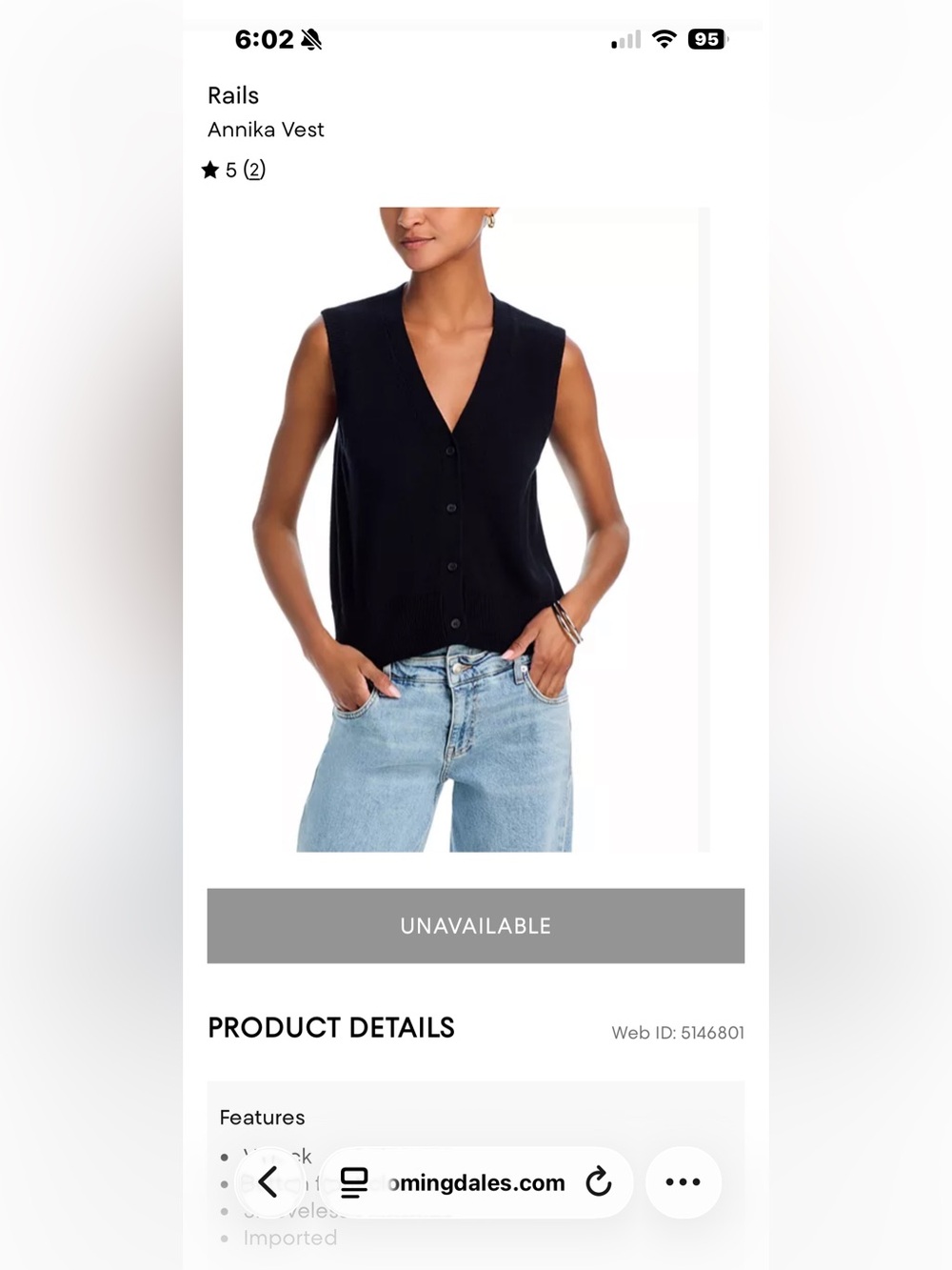Rails Annika Vest Black XS NWT